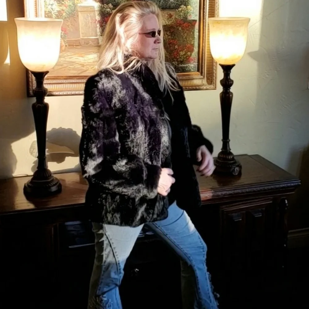 Black Striped Rabbit Fur Jacket - Picture 3 of 17
